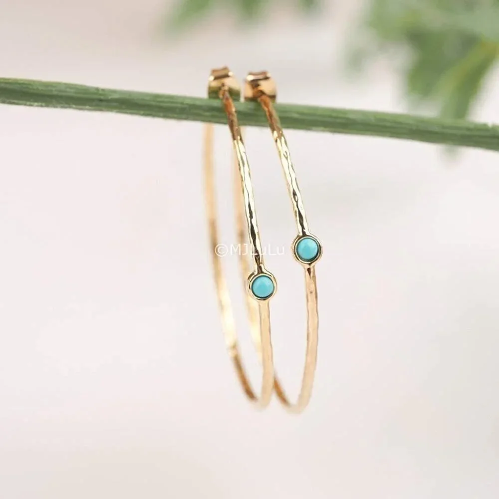 14K Gold-Plated Hoop Earrings with Simulated Blue Turquoise Lightweight Hypoalle